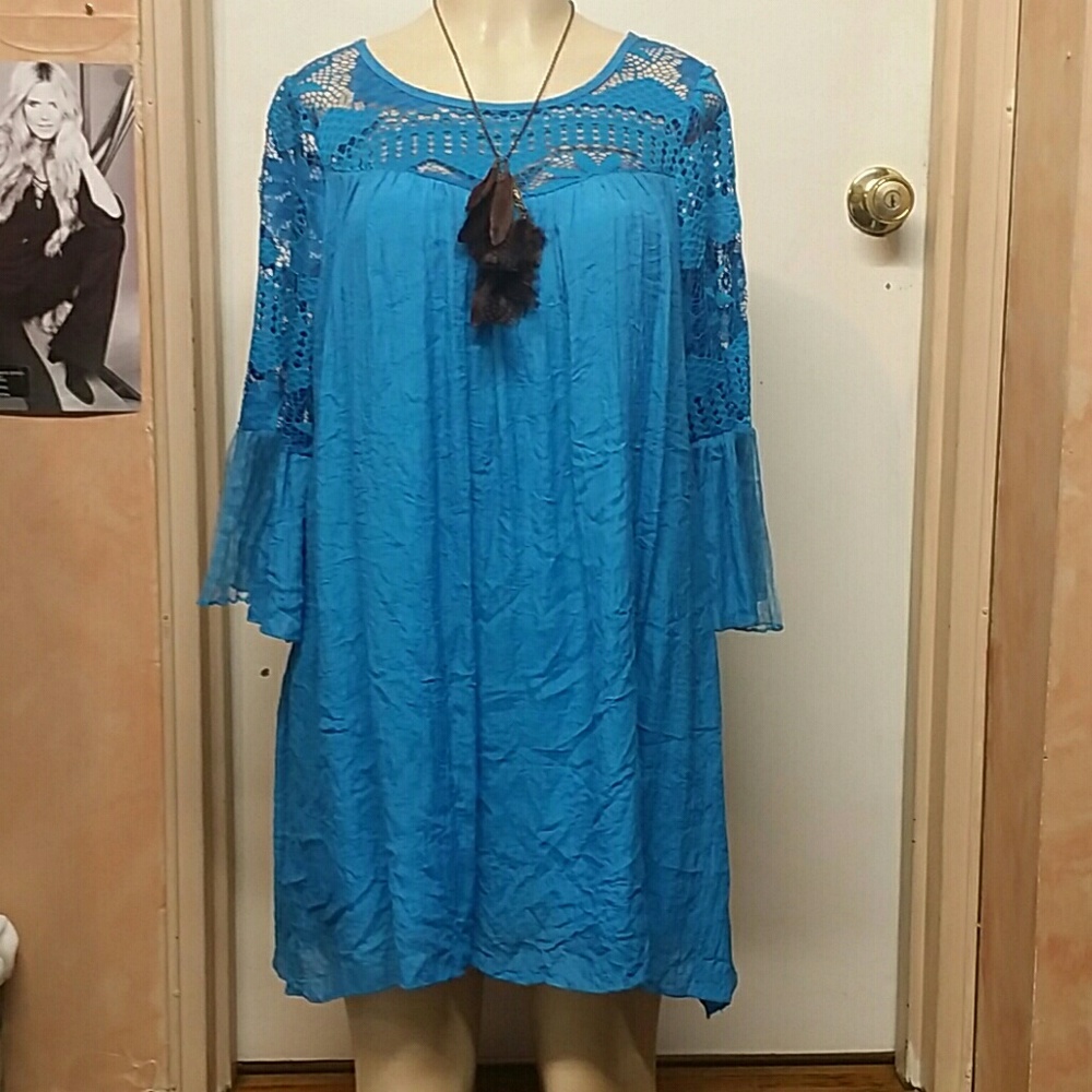 Boho crochet lace & gauze Turquoise dress